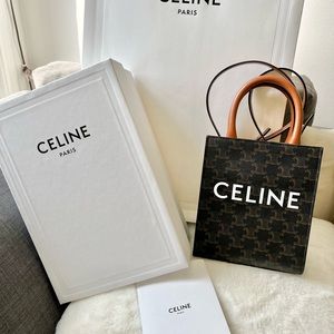 CELINE Triomphe Canvas Calfskin Mini Vertical bag in Cabas Tan